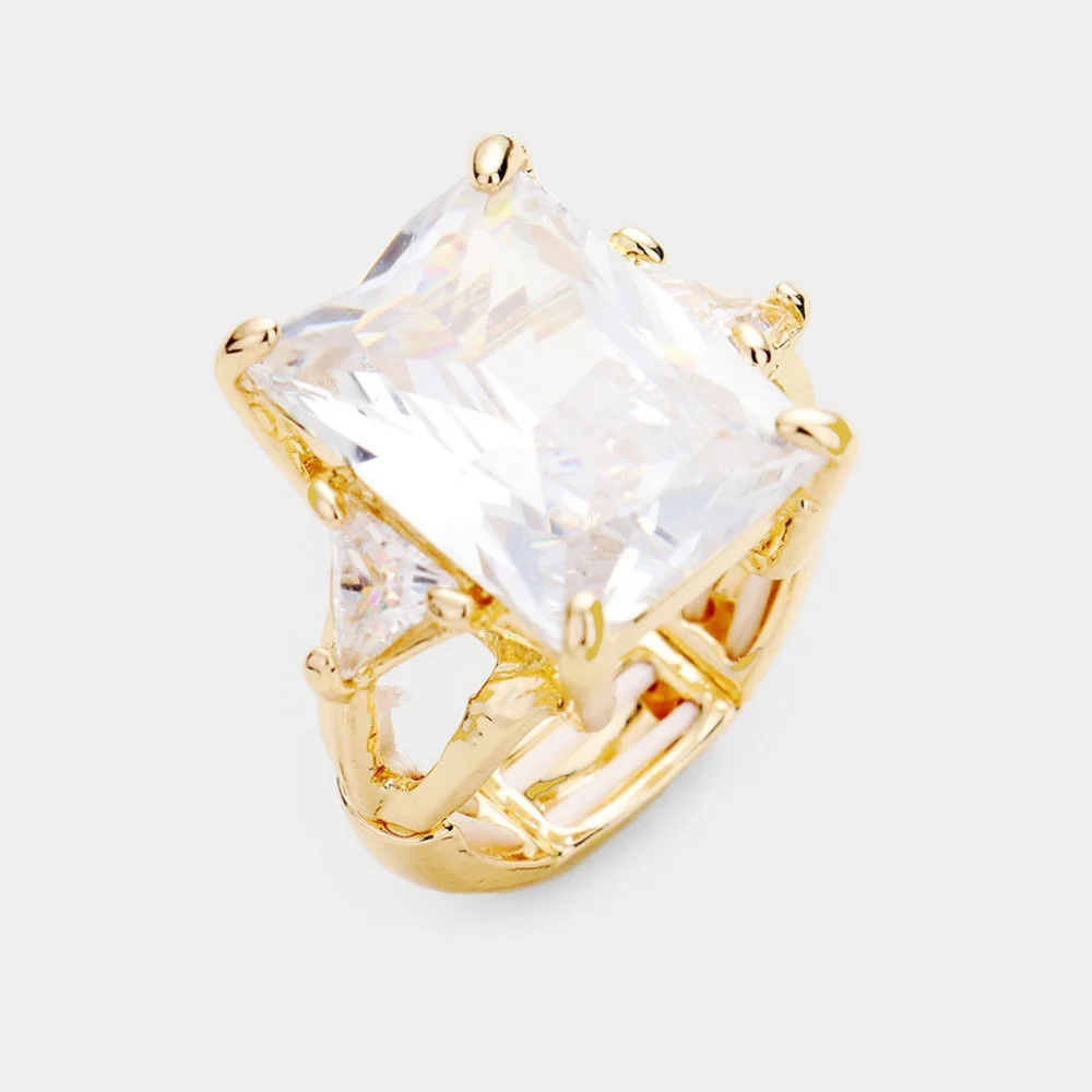 Clear Gold Emerald Cut Crystal Stretch Cocktail Ring Fashion Statement Jewelry
